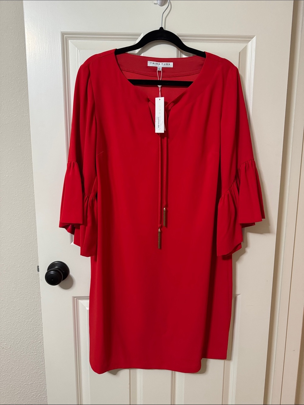 Trina Turk Vibrant Red Midi Dress with Tie-Neck and Ruffle Sleeves